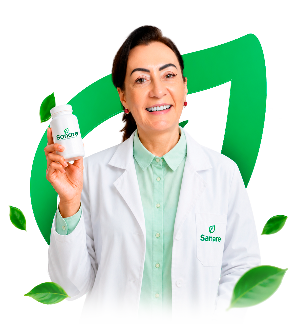 Farmacêutica Sanare segurando um frasco manipulado com folhas naturais